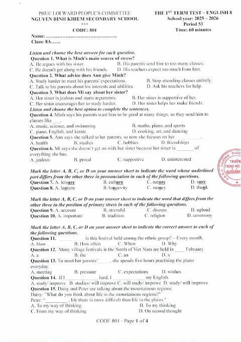 Đề thi Học kì 1 Tiếng Anh 8 năm 2025-2026 trường THCS Nguyễn Bỉnh Khiêm (Hà Nội)